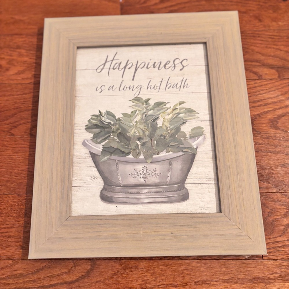 Happiness is a Long Hot Bath Framed Wall Art Farmhouse Gray 12x14 Cottage Core